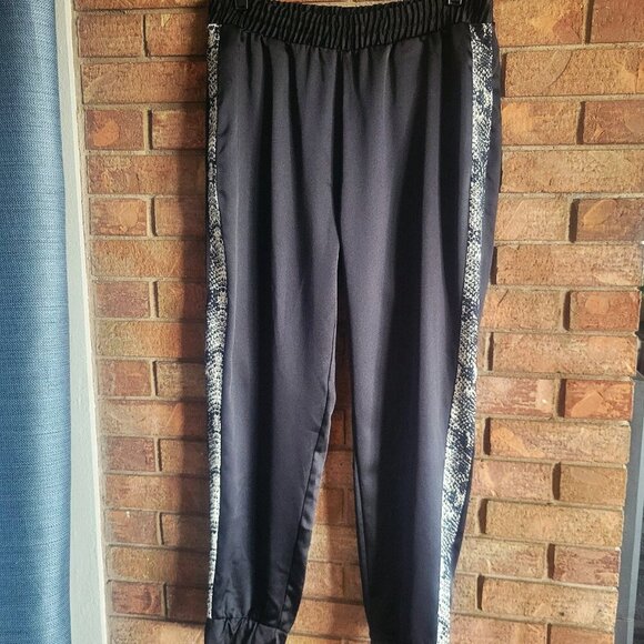ZARA Women's Black Satiny Joggers w/Snakeskin Pattern Side Stripes - Size M - Picture 4 of 15